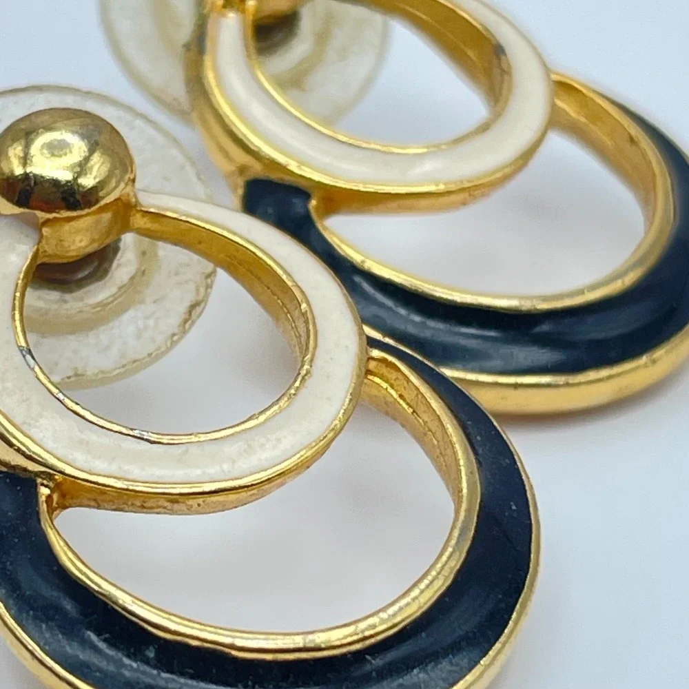 Vintage 80s Gold Tone Enamel Double Hoop Door Knocker Drop Earrings‎ Jewelry